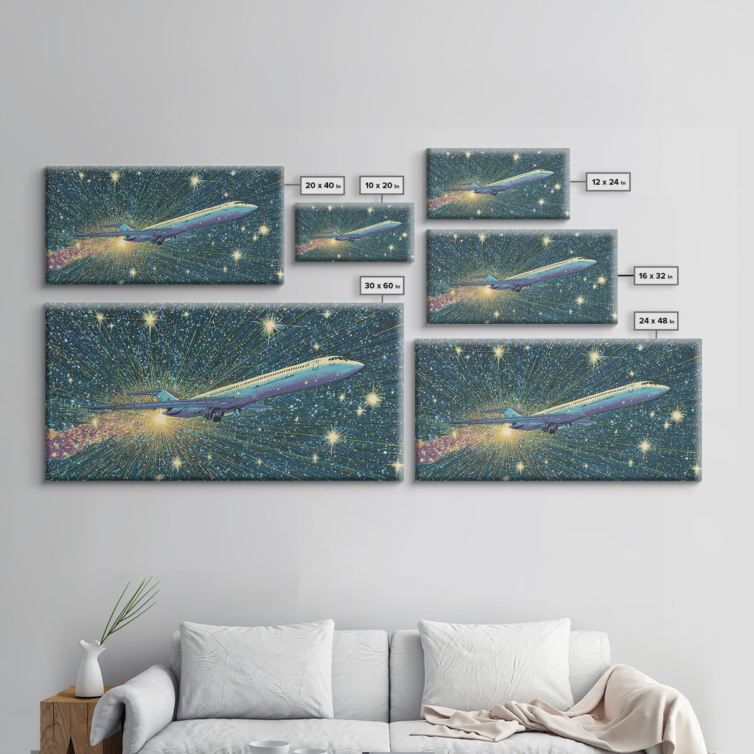 Supersonic Jet In Starry Warp Speed Sky Wall Art, Retro Sci Fi Poster, Mid Century Modern Decor, Space Travel Print, Home Office Decor