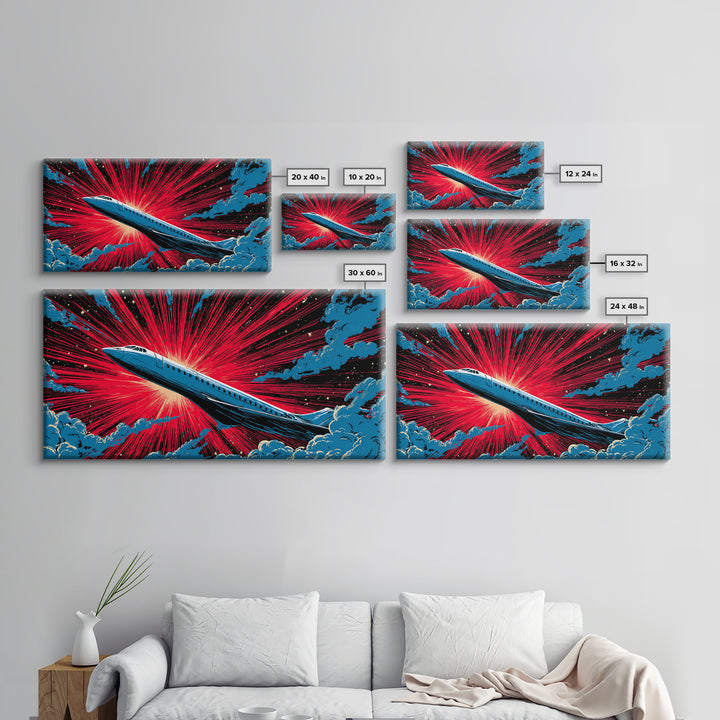 Blue Supersonic Jet With Red Starburst Canvas Print, Retro Sci Fi Poster, Mid Century Modern Wall Decor, Aviation Art Print