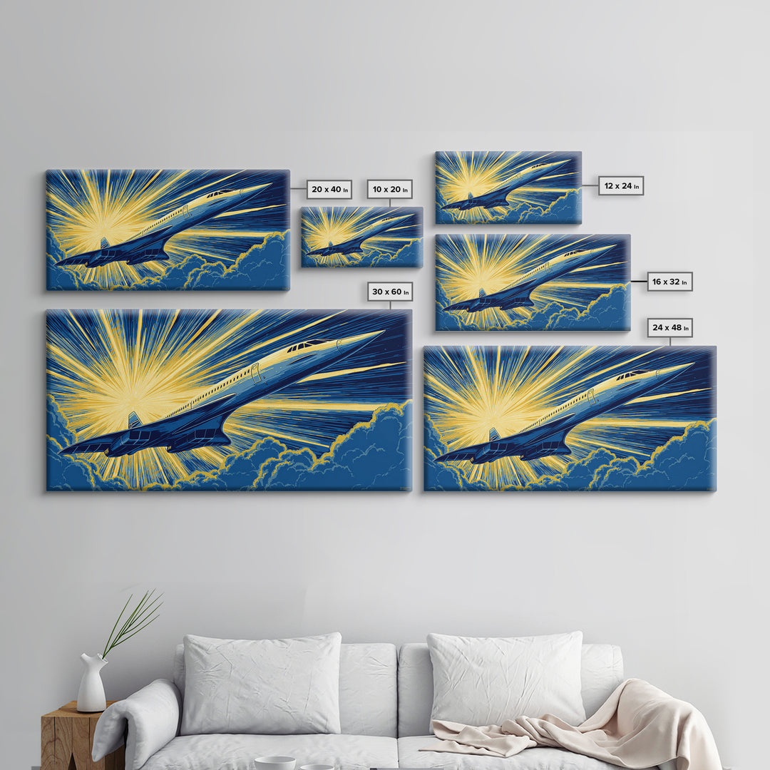 Golden Supersonic Jet Above Clouds Framed Canvas Print, Retro Sci Fi Poster, Mid Century Modern Wall Art, Aviation Decor