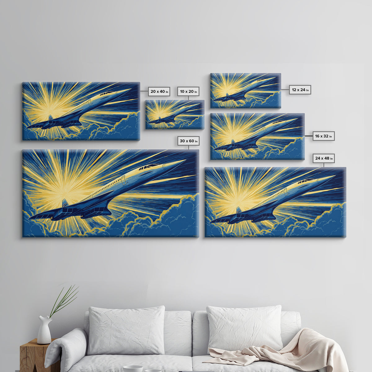 Golden Supersonic Jet Above Clouds Framed Canvas Print, Retro Sci Fi Poster, Mid Century Modern Wall Art, Aviation Decor