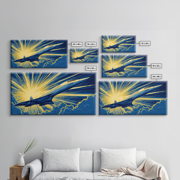 Golden Supersonic Jet Above Clouds Framed Canvas Print, Retro Sci Fi Poster, Mid Century Modern Wall Art, Aviation Decor
