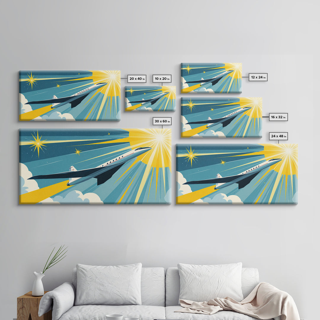 White Supersonic Jet In Sunlit Sky Canvas Print, Mid Century Modern Wall Art, Retro Travel Poster, Space Age Home Decor Print