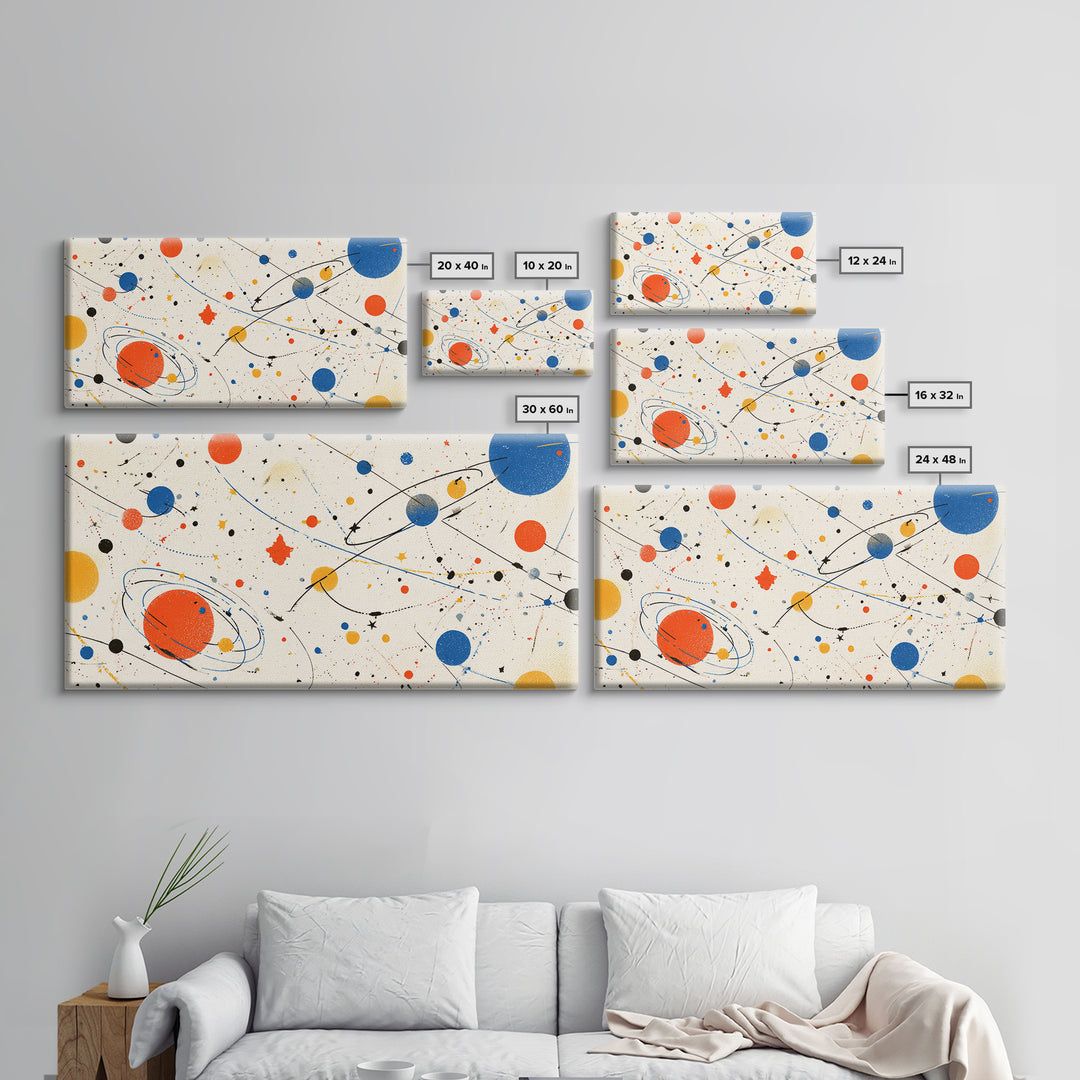 Playful Orbiting Planets And Stars Canvas Print, Atomic Mid Century Modern Wall Art, Retro Space Poster, Kids Room Decor