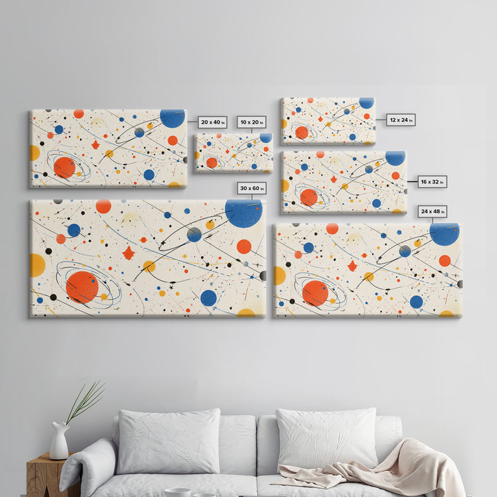 Playful Orbiting Planets And Stars Canvas Print, Atomic Mid Century Modern Wall Art, Retro Space Poster, Kids Room Decor