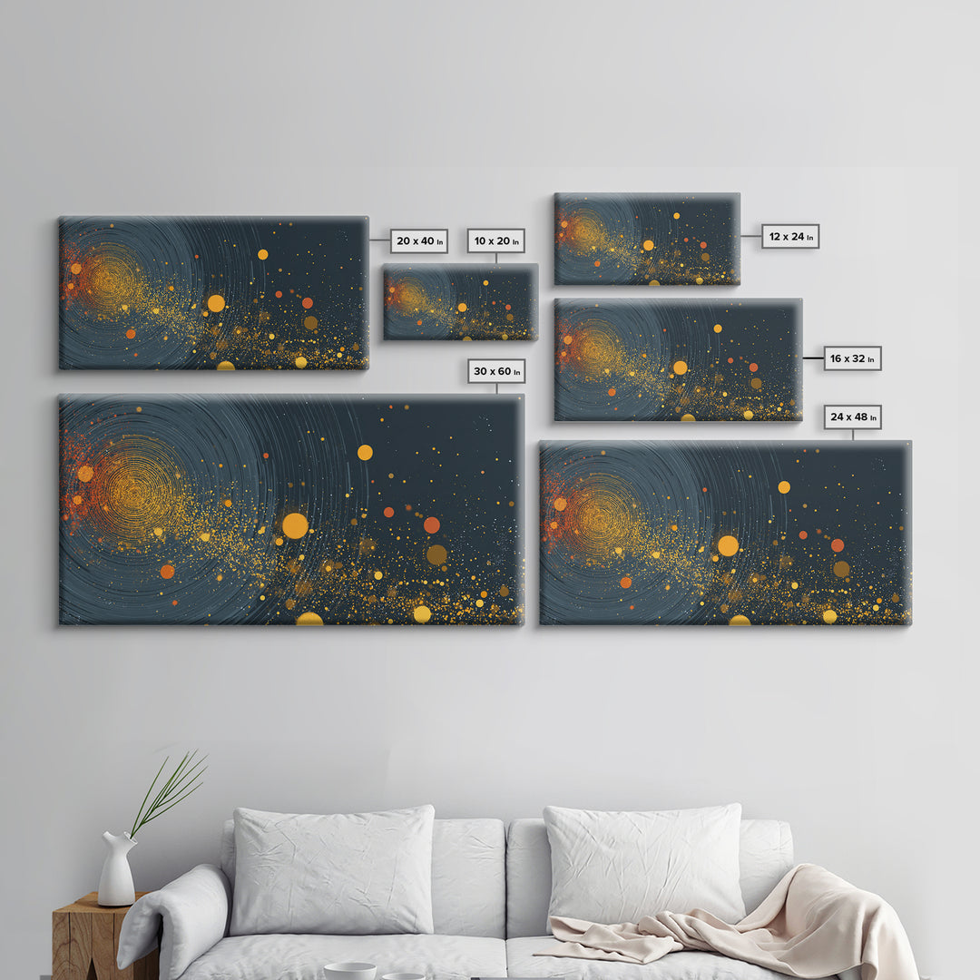 Orange Cosmic Spiral And Star Fields Framed Canvas Print, Abstract Space Wall Art, Mid Century Modern Decor, Galaxy Poster