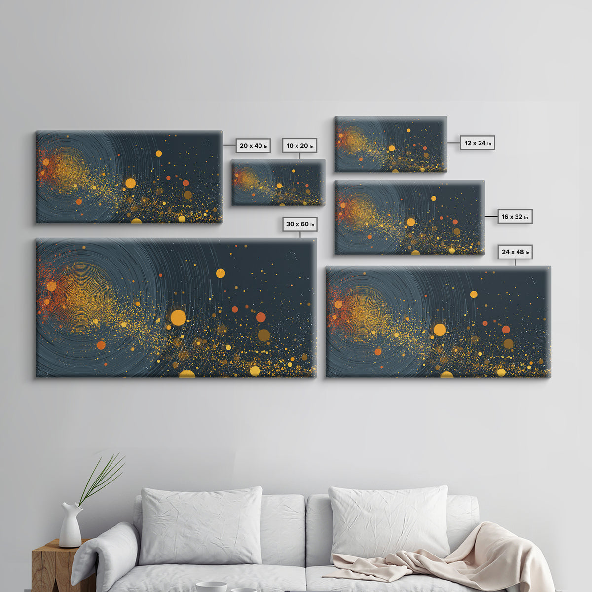 Orange Cosmic Spiral And Star Fields Framed Canvas Print, Abstract Space Wall Art, Mid Century Modern Decor, Galaxy Poster
