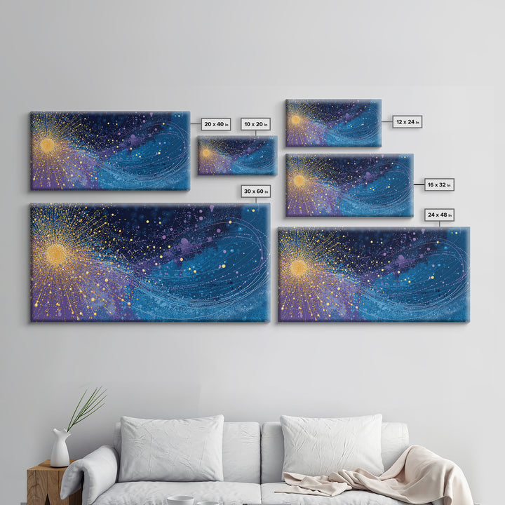 Golden Starburst Space Wave Canvas Print, Colorful Abstract Wall Art, Modern Galaxy Poster, Sci Fi Office And Living Room Decor