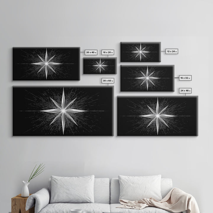 Exploding Compass Star Canvas Print, Black And White Celestial Wall Art, Geometric Nautical Poster, Modern Home Office Decor