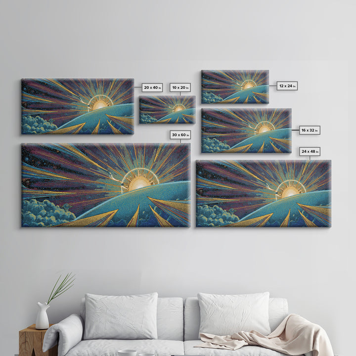 Radiant Sunrise Over Planet Wall Art, Modern Abstract Art Print, Retro Sci Fi Poster, Space Abstract Art, Colorful MCM Decor