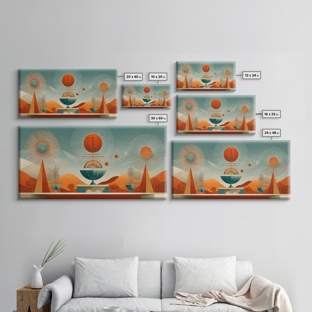 Desert Atomic Fountain Wall Art, Midcentury Modern Art Print, Palm Springs Decor, Orange Teal Geometric Poster, MCM Decor