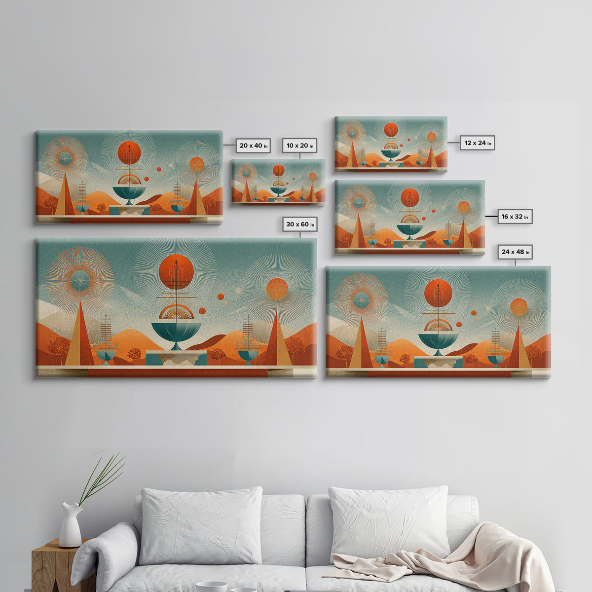 Desert Atomic Fountain Wall Art, Midcentury Modern Art Print, Palm Springs Decor, Orange Teal Geometric Poster, MCM Decor
