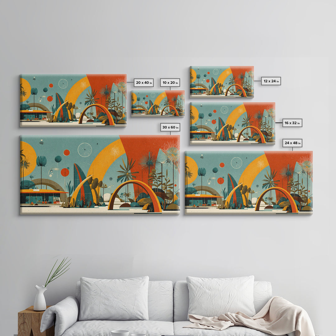 Atomic Desert Resort With Palms And Arches Wall Art, Midcentury Modern Print, Retro Space Age Poster, MCM Home Decor Gift