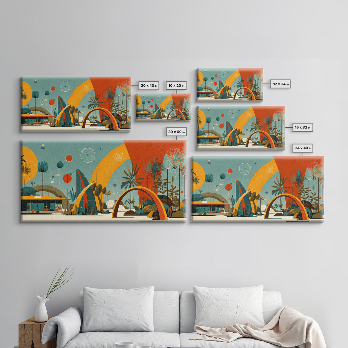 Atomic Desert Resort With Palms And Arches Wall Art, Midcentury Modern Print, Retro Space Age Poster, MCM Home Decor Gift