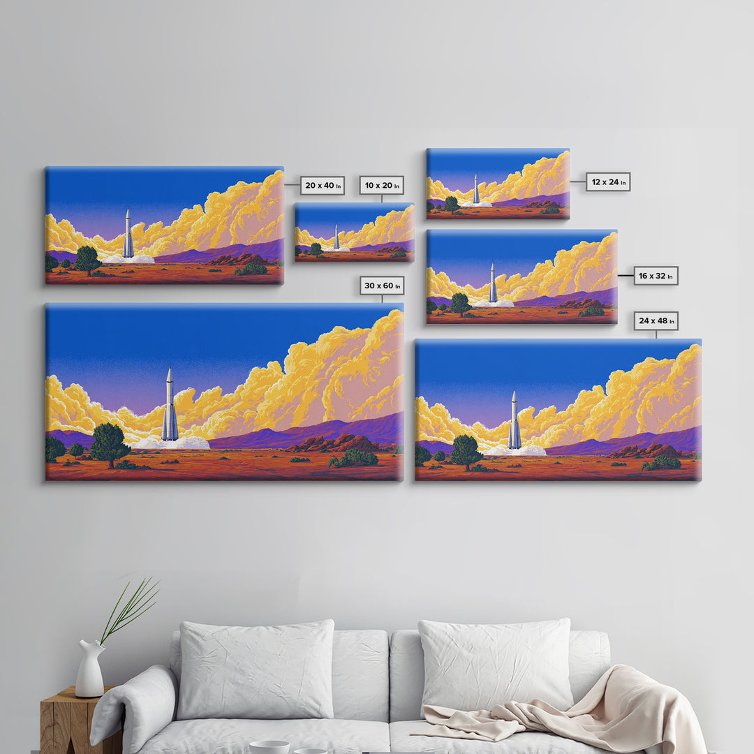 Desert Rocket Launch With Golden Clouds Framed Canvas Print, Retro Sci Fi Poster, Midcentury Modern Wall Art Decor, Gift