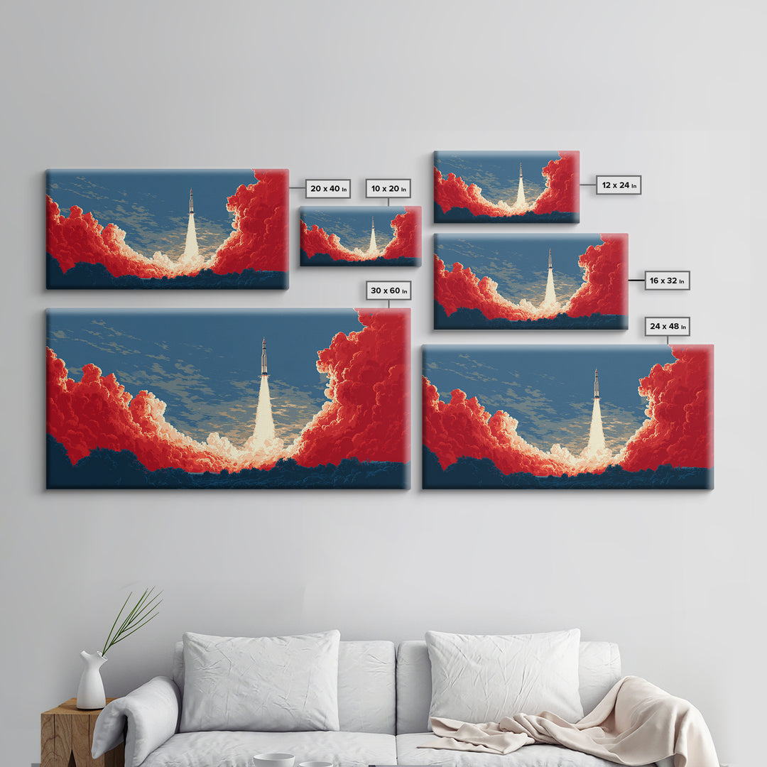 Rocket Launch Through Red Clouds Canvas Print, Retro Sci Fi Poster, Mid Century Modern Wall Art, Bold Space Decor Gift For Him