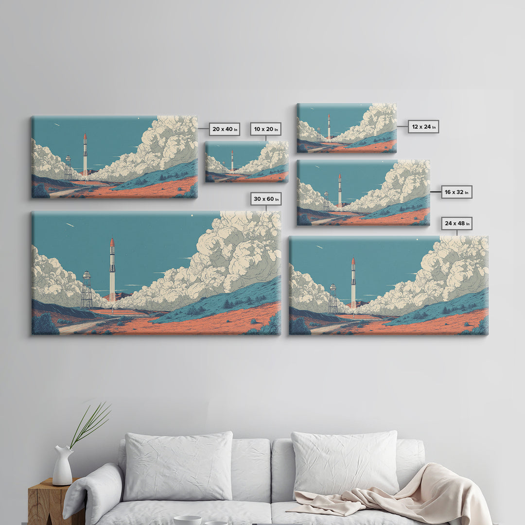 Moonlit Rocket Pad In Blue Desert Wall Art, Midcentury Modern Space Poster, Retro Sci Fi Print, MCM Office Decor Gift Idea
