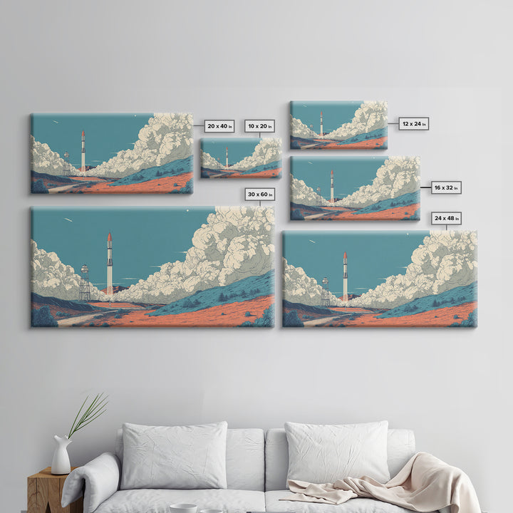 Moonlit Rocket Pad In Blue Desert Wall Art, Midcentury Modern Space Poster, Retro Sci Fi Print, MCM Office Decor Gift Idea