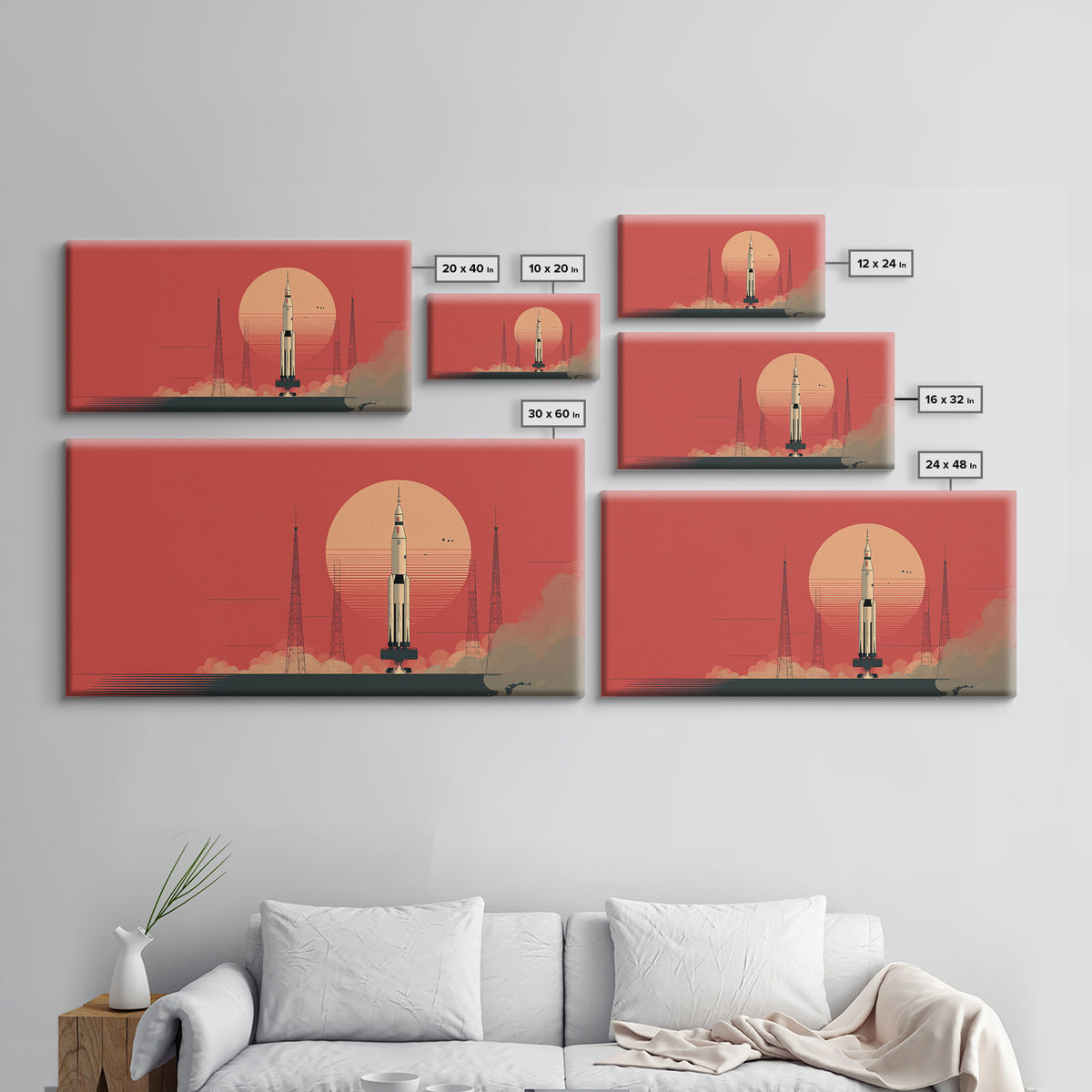 Rocket Launch With Coral Sun Canvas Print, Midcentury Modern Space Age Poster, Atomic Wall Art, Retro Home Decor Gift Idea