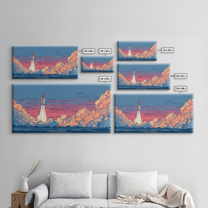 Twilight Rocket Launch Over Ocean Clouds Wall Art, Retro Sci Fi Poster, Mid Century Modern Print, Starry Space Decor Gift