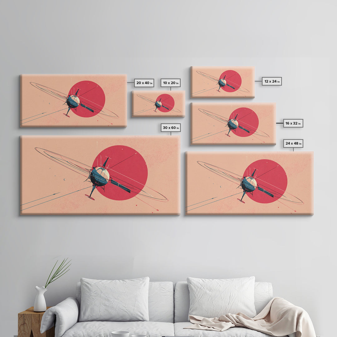 Retro Satellite Orbiting Pink Planet Canvas Print, Midcentury Modern Space Poster, Atomic Sci Fi Wall Art Decor Gift For Him