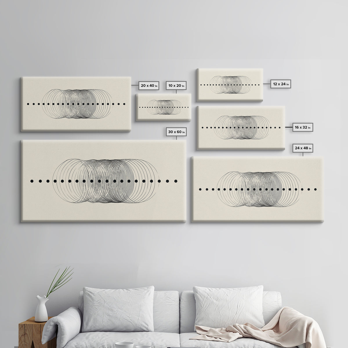 Black Dot Wave Op Art Framed Canvas Print, Midcentury Modern Geometric Wall Decor, Minimalist Office Artwork, Neutral Abstract Design