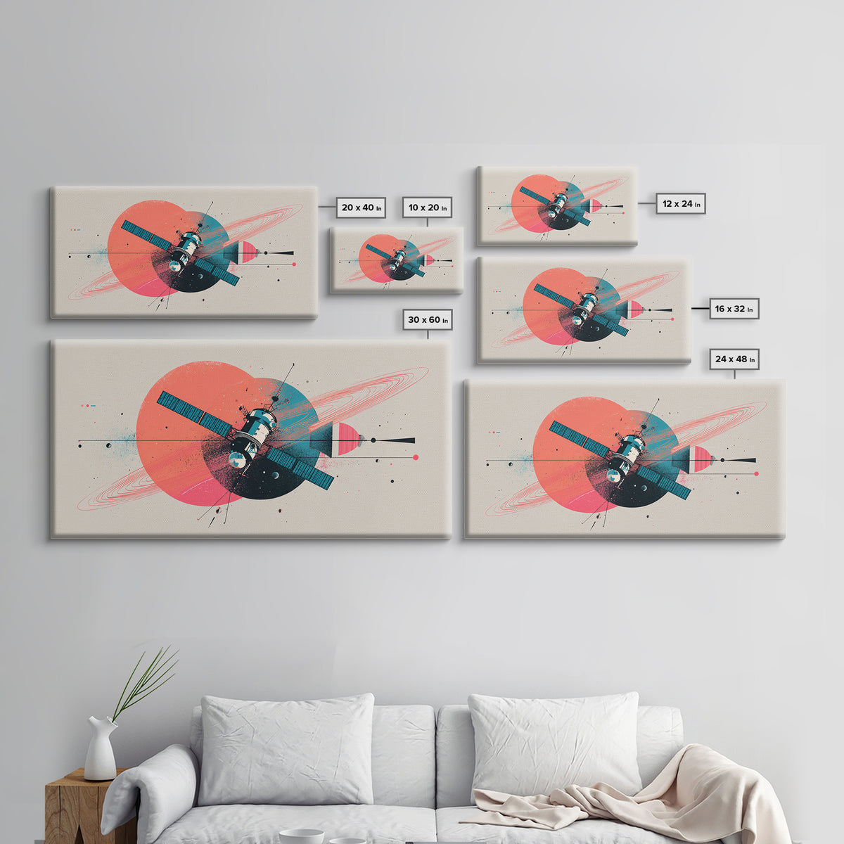 Abstract Satellite And Ringed Planet Wall Art, Midcentury Modern Space Poster, Retro Atomic Print, Modern Home Decor Gift