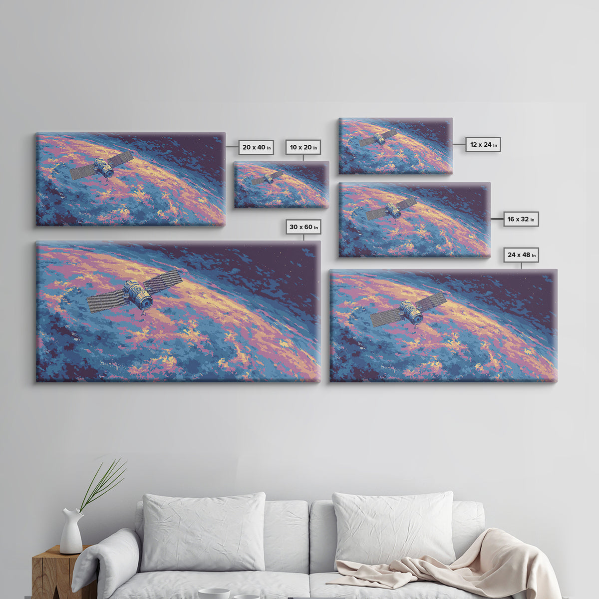 Pixel Satellite Above Colorful Earth Wall Art, Retro Sci Fi Space Poster, Modern Astronaut Decor, Cosmic Digital Art Print