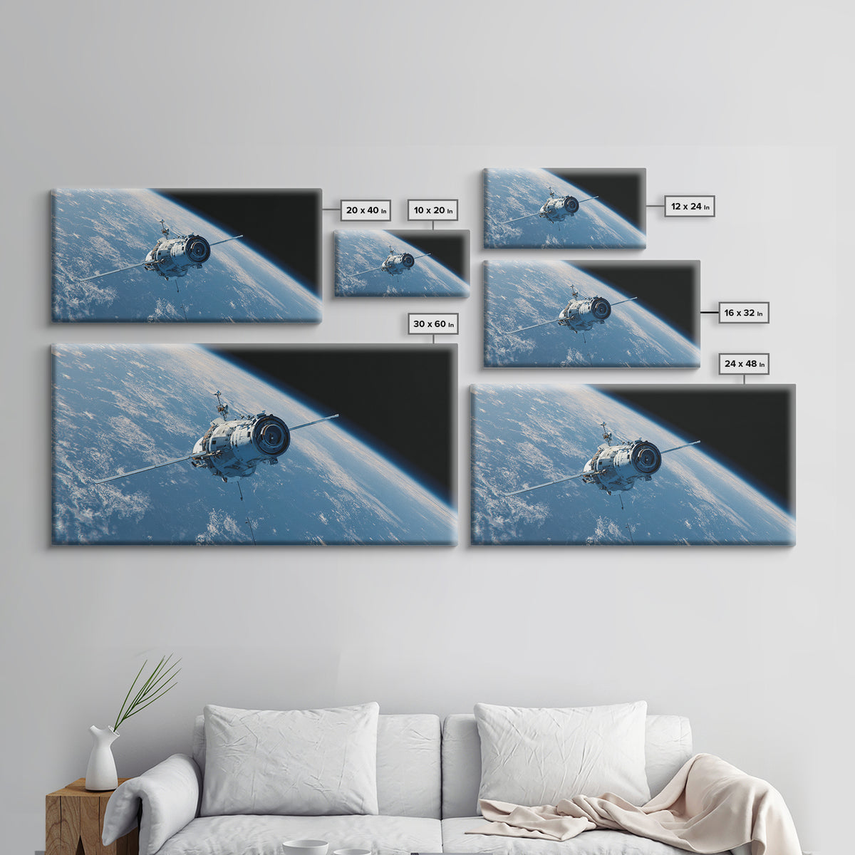 Realistic Spacecraft Orbiting Blue Earth Canvas Print, Modern Space Wall Decor, Satellite Poster, Sci Fi Office Artwork Gift