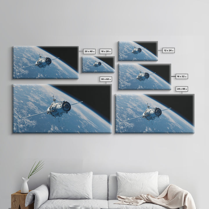 Realistic Spacecraft Orbiting Blue Earth Canvas Print, Modern Space Wall Decor, Satellite Poster, Sci Fi Office Artwork Gift