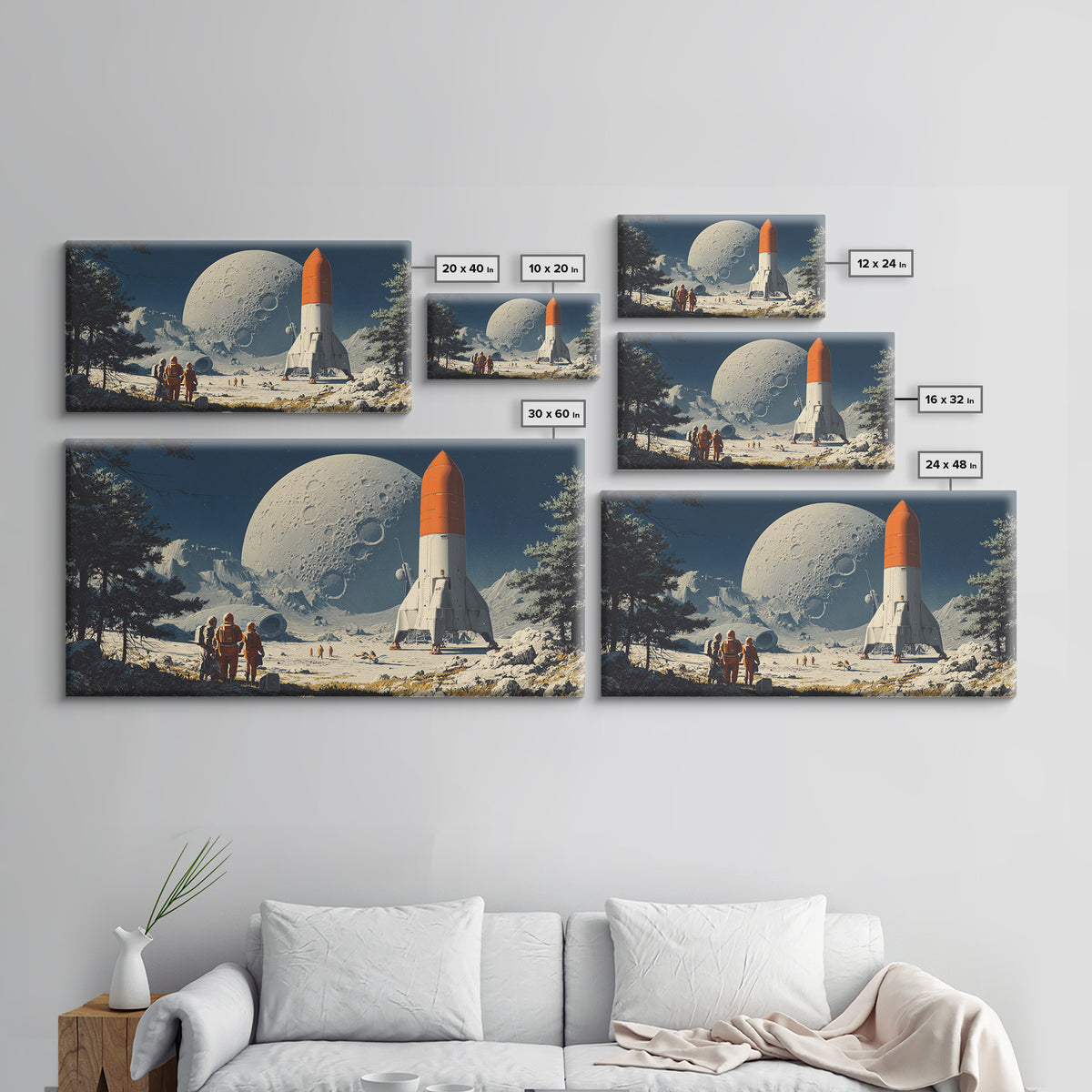 Moon Base Astronauts With Orange Rocket Framed Canvas Print, Retro Space Wall Art, Sci Fi Lunar Landscape Poster Decor Gift