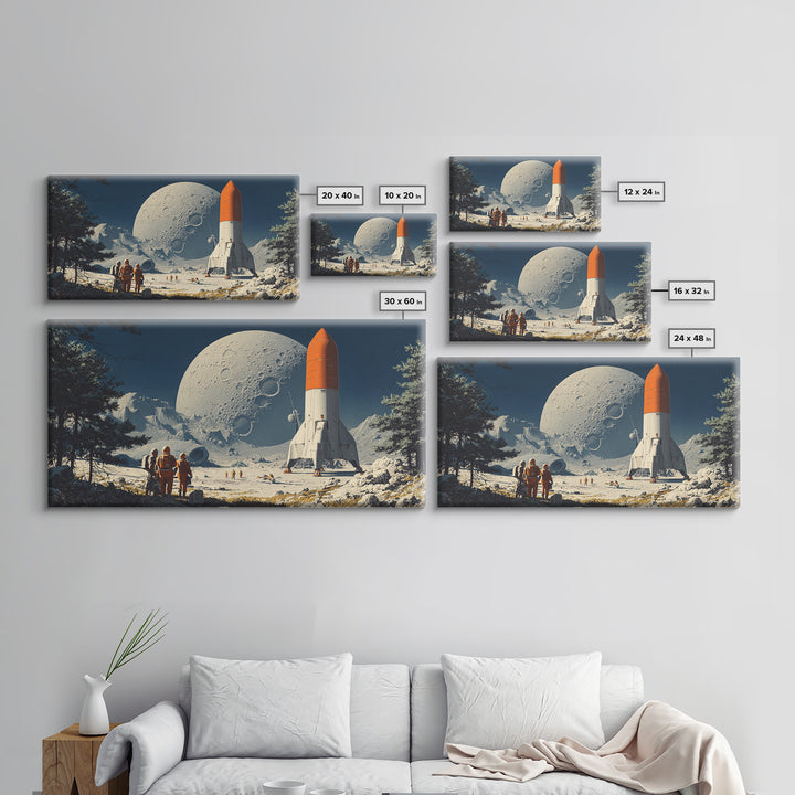 Moon Base Astronauts With Orange Rocket Framed Canvas Print, Retro Space Wall Art, Sci Fi Lunar Landscape Poster Decor Gift