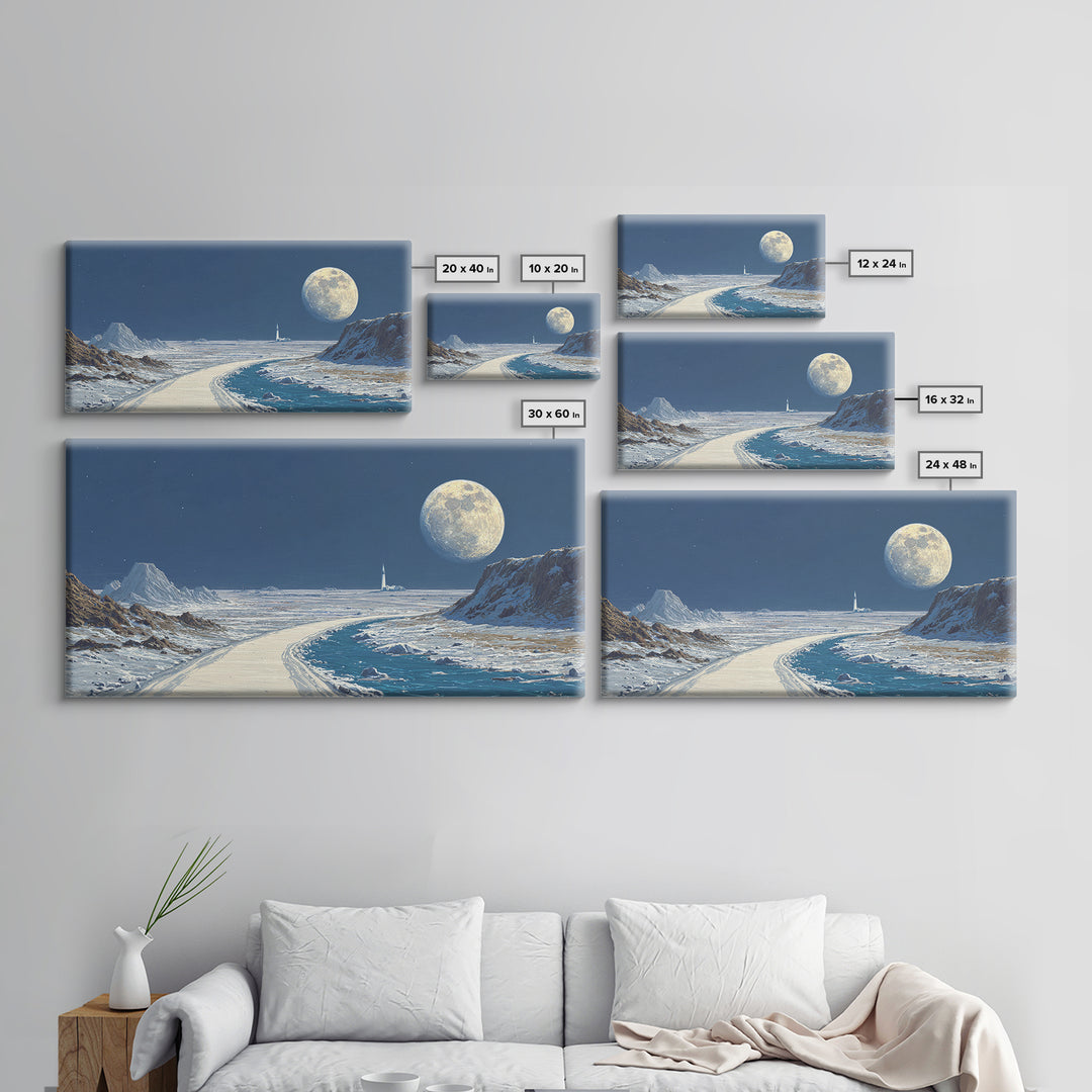 Blue Lunar Coastline With Full Moon Wall Art, Retro Sci Fi Landscape Poster, Space Travel Print, Modern Home Office Decor