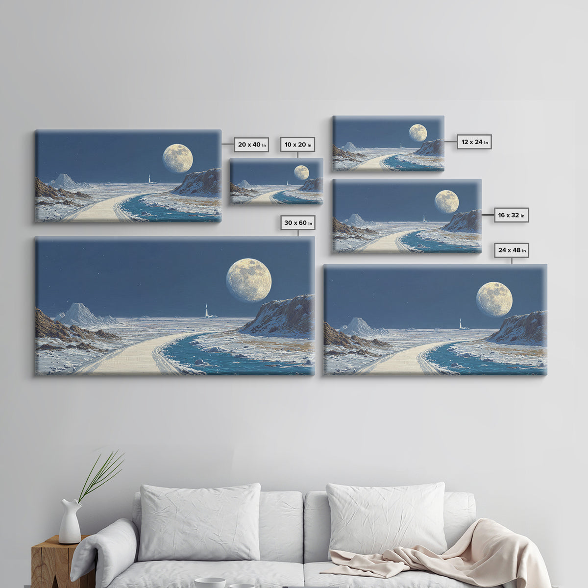 Blue Lunar Coastline With Full Moon Wall Art, Retro Sci Fi Landscape Poster, Space Travel Print, Modern Home Office Decor