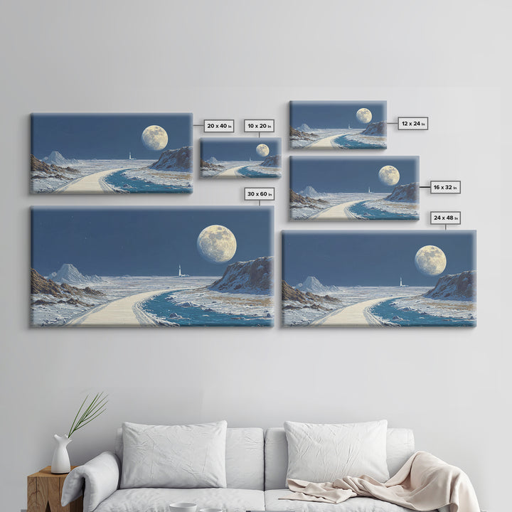 Blue Lunar Coastline With Full Moon Wall Art, Retro Sci Fi Landscape Poster, Space Travel Print, Modern Home Office Decor