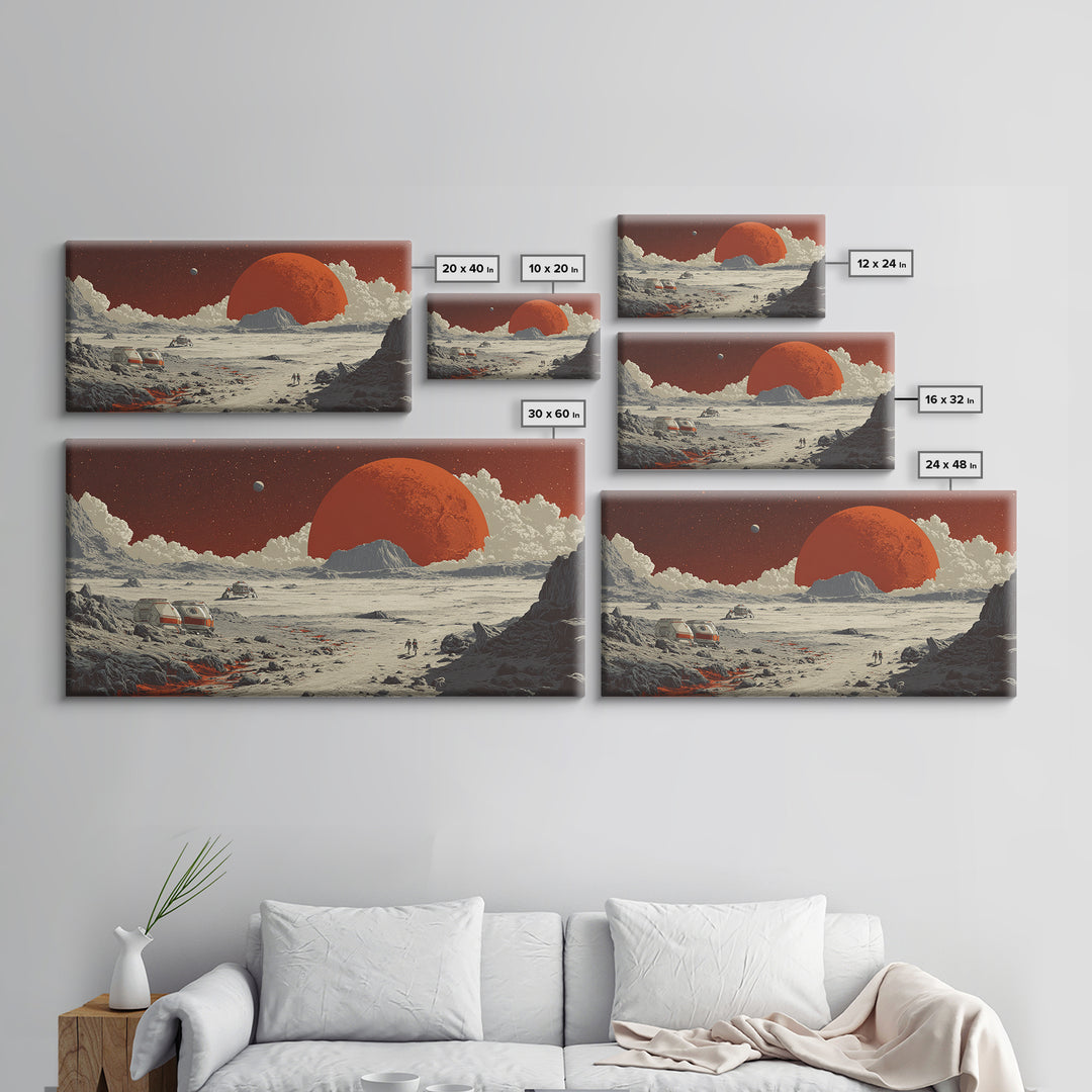 Red Planet Colony With Rovers Canvas Print, Retro Sci Fi Desert Landscape Wall Art, Mars Exploration Poster, Space Decor