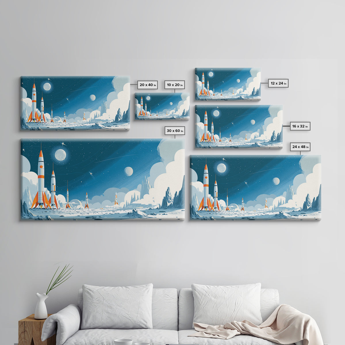 Whimsical Rocket Fleet On Icy Moon Wall Art, Retro Sci Fi Space Poster, Blue Nursery Decor, Midcentury Modern Print Gift