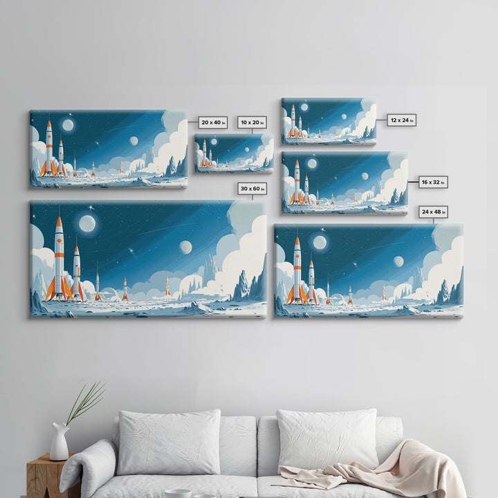 Whimsical Rocket Fleet On Icy Moon Wall Art, Retro Sci Fi Space Poster, Blue Nursery Decor, Midcentury Modern Print Gift