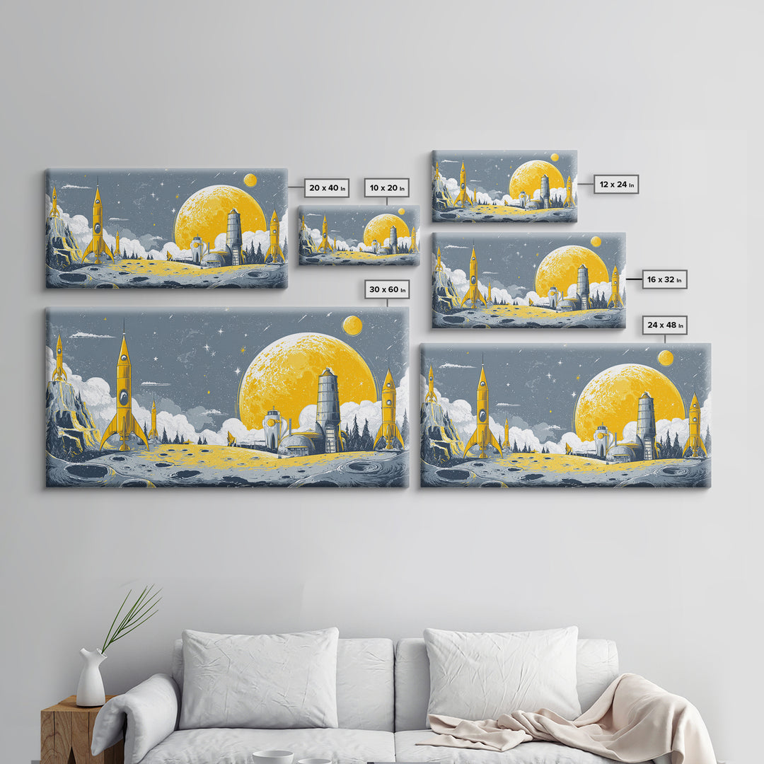Yellow Lunar Colony With Retro Rockets Canvas Print, Midcentury Modern Space Wall Art, Moon Base Poster, Atomic Home Decor
