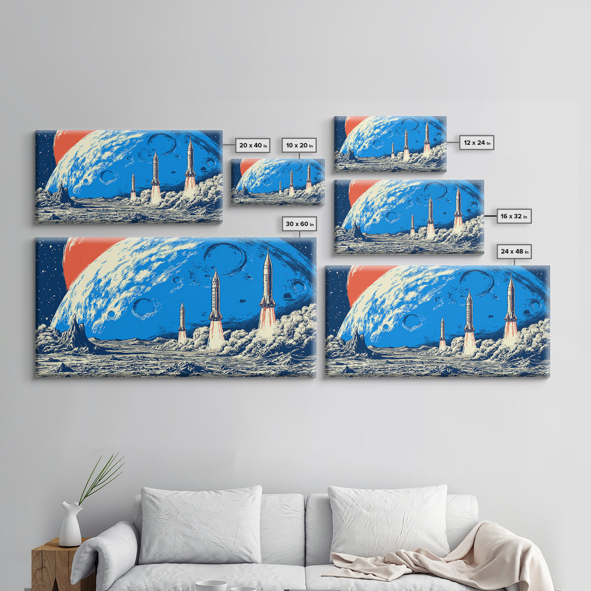 Retro Sci Fi Rocket Launch On Blue Moon Canvas Print, Midcentury Modern Space Poster, Cosmic Wall Decor, MCM Artwork Gift