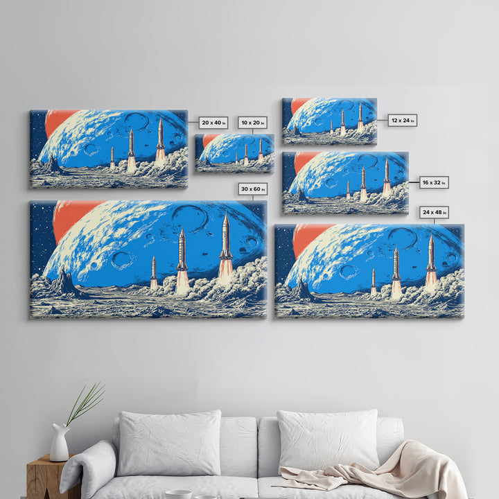 Retro Sci Fi Rocket Launch On Blue Moon Canvas Print, Midcentury Modern Space Poster, Cosmic Wall Decor, MCM Artwork Gift
