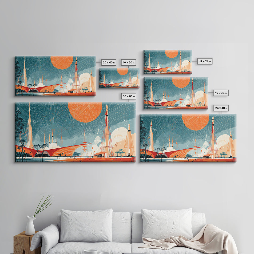 Futuristic Spaceport With Orange Sun Framed Canvas Print, Midcentury Modern Wall Art, Atomic Retro Decor, MCM Poster Gift