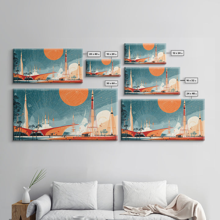 Futuristic Spaceport With Orange Sun Framed Canvas Print, Midcentury Modern Wall Art, Atomic Retro Decor, MCM Poster Gift