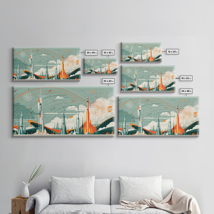 Retro Rocket City With Arcing Skies Canvas Print, Midcentury Modern Wall Art, Space Age Poster, Atomic MCM Home Decor Gift
