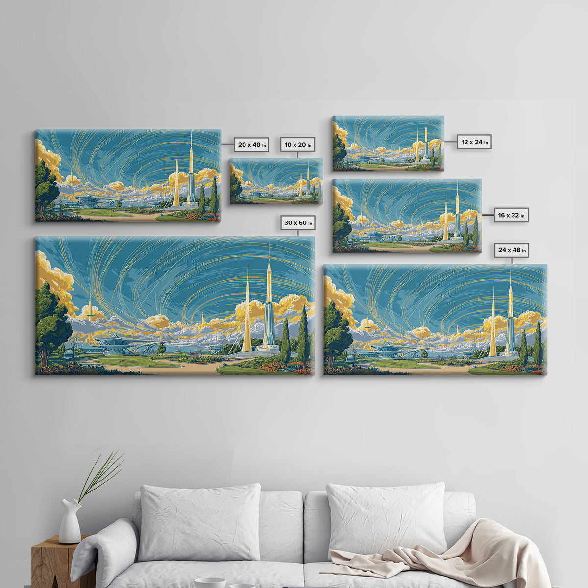Utopian Spaceport Landscape With Golden Clouds Wall Art, Midcentury Modern Canvas Print, Retro Futurist Poster, MCM Decor