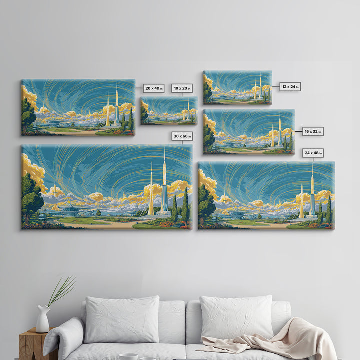 Utopian Spaceport Landscape With Golden Clouds Wall Art, Midcentury Modern Canvas Print, Retro Futurist Poster, MCM Decor