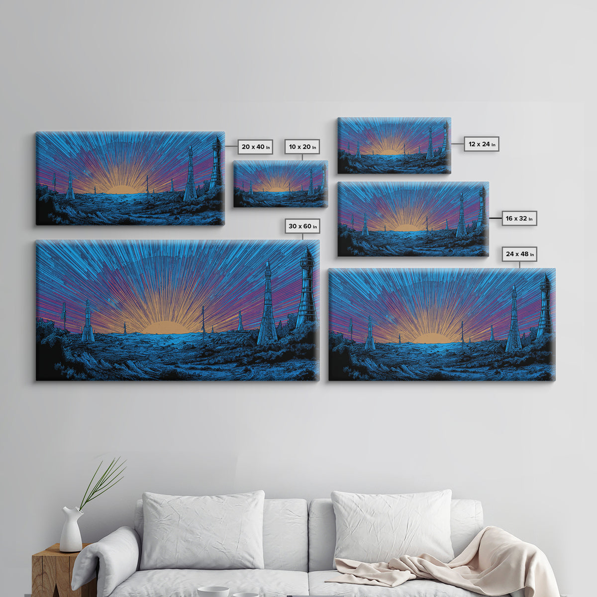 Blue Cosmic Sunrise Over Sci Fi Towers Canvas Print, Midcentury Modern Wall Art, Retro Space Poster, Bold MCM Decor Gift