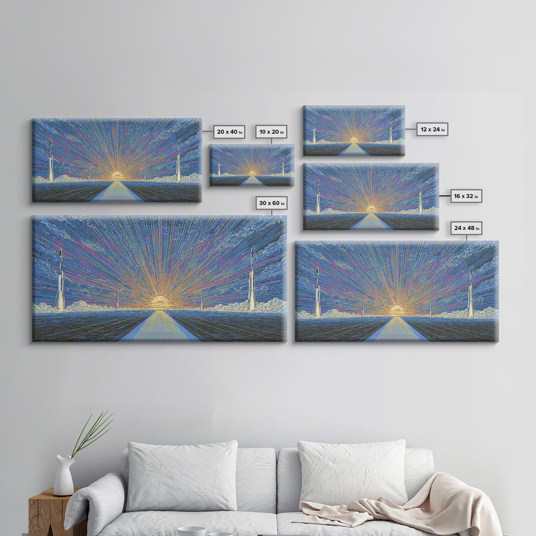 Radiant Rocket Road At Spaceport Sunrise Wall Art, Midcentury Modern Canvas Print, Retro Futurist Poster, MCM Home Decor