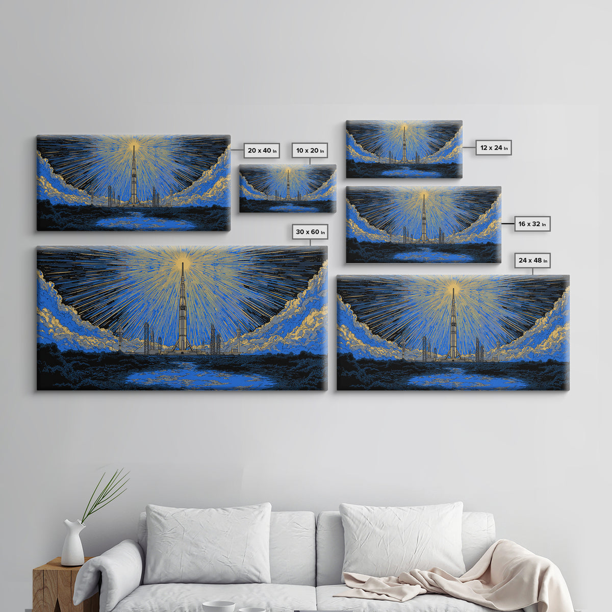 Rocket Launch Tower Beneath Starburst Sky Framed Canvas Print, Midcentury Modern Wall Art, Atomic Retro Space Decor Gift
