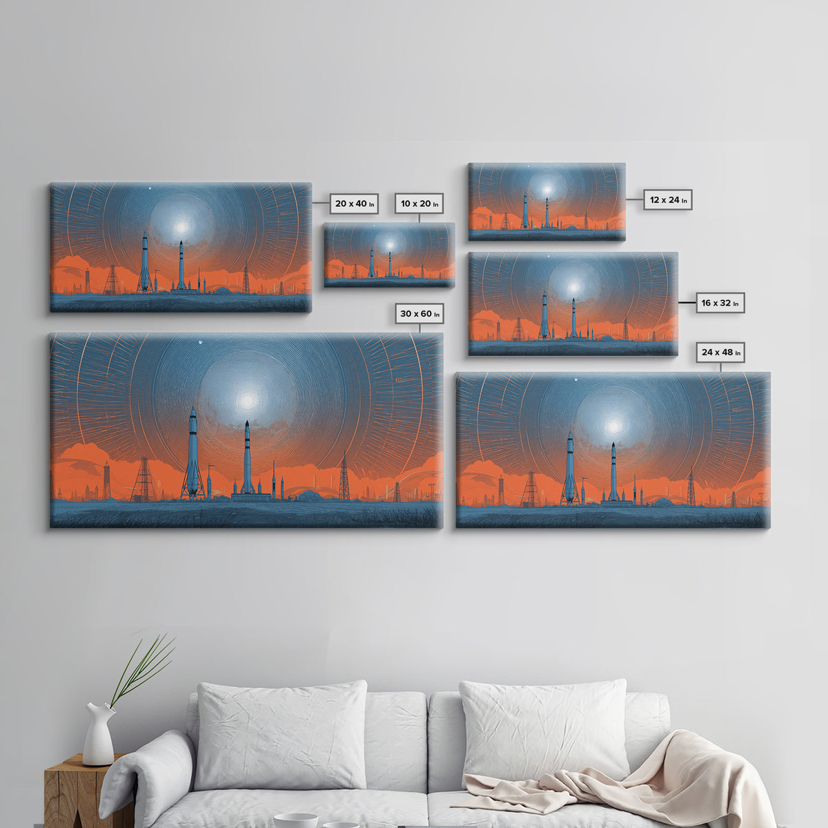 Orange Spaceport Skyline With Radiant Sun Wall Art, Midcentury Modern Canvas Print, Retro Futurist Poster, Industrial MCM Decor