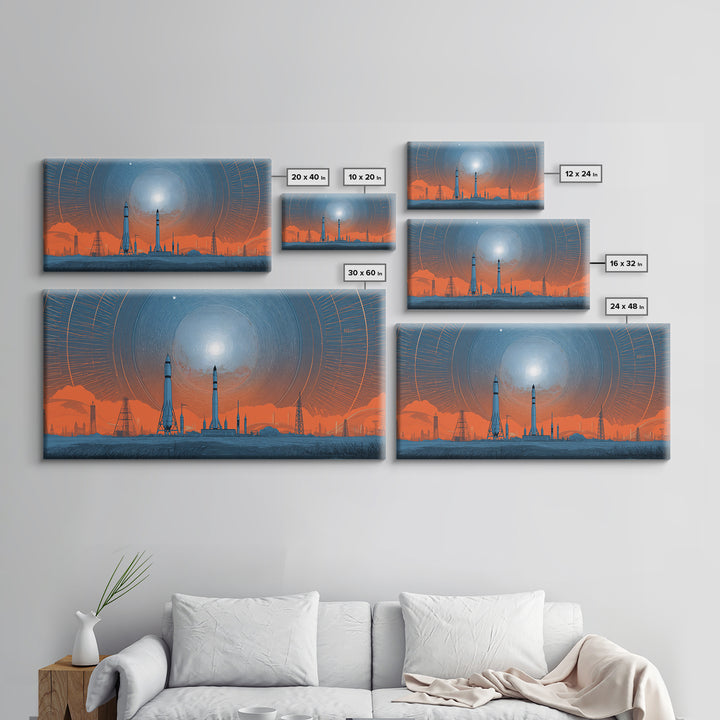 Orange Spaceport Skyline With Radiant Sun Wall Art, Midcentury Modern Canvas Print, Retro Futurist Poster, Industrial MCM Decor